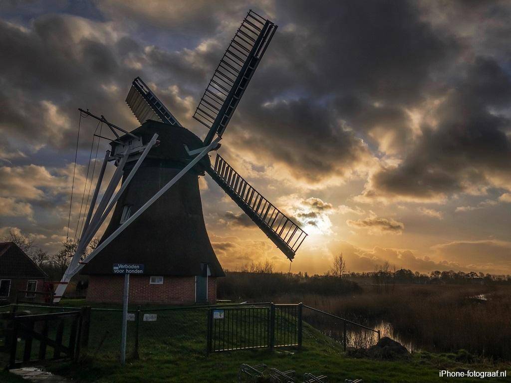 a windmill with a low sun