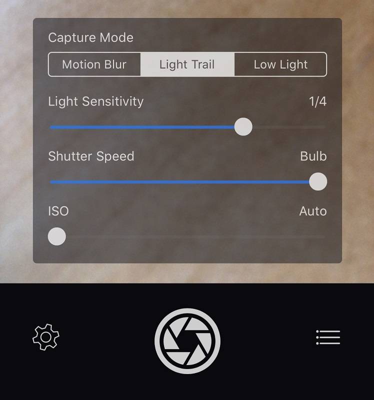 The settings of the camera app Slow Shutter Cam.